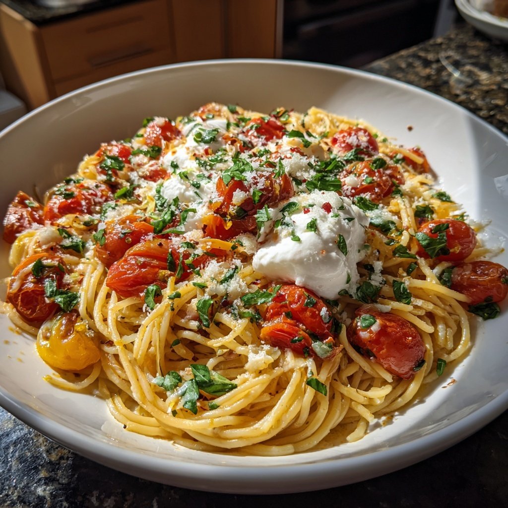 Spaghetti mit Tomaten und Burrata